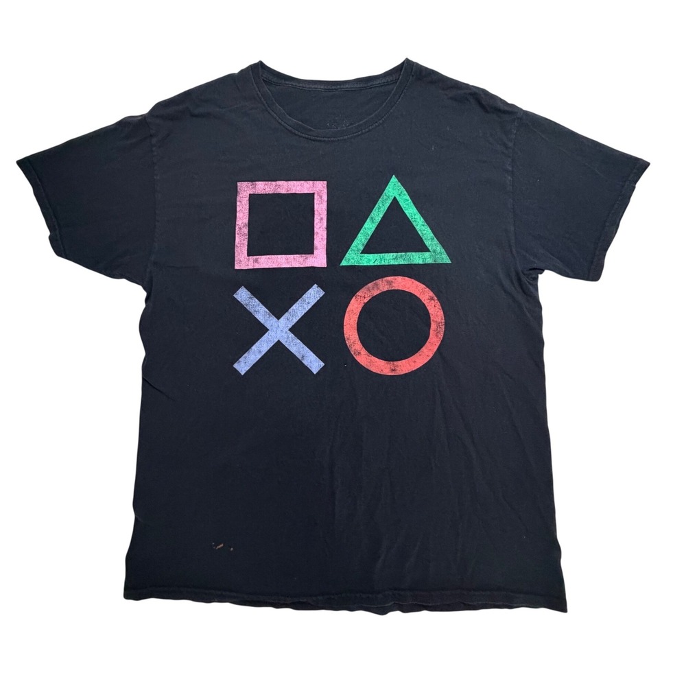 PlayStation Controller Symbols Graphic T-Shirt Black Mens XL Distressed Logo